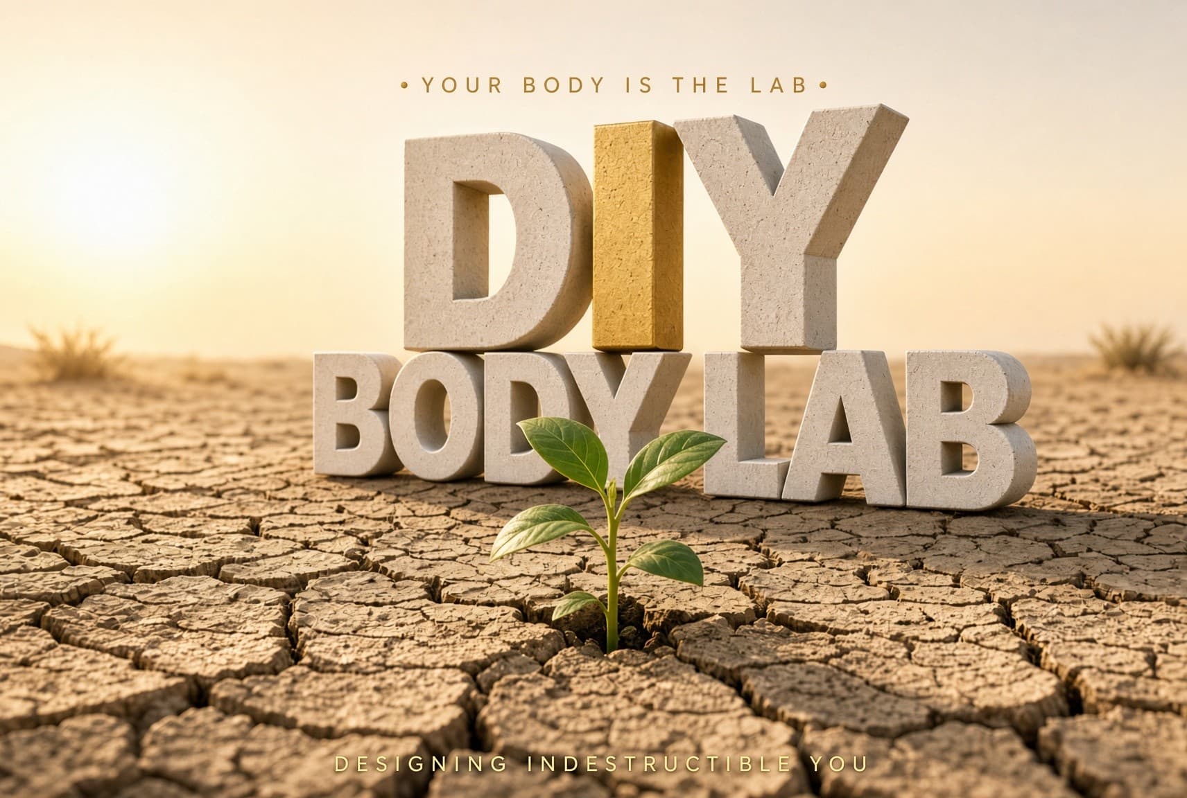DIY Body Lab — Your body is the lab. Designing Indestructible You. Stone block letters on cracked desert earth with a seedling breaking through.