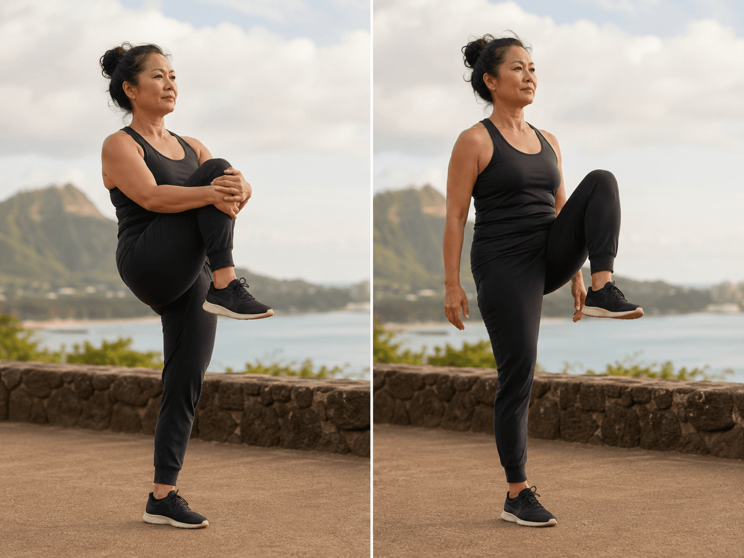 A woman balancing on one leg, first hugging her knee to her chest, then holding a controlled standing knee raise
