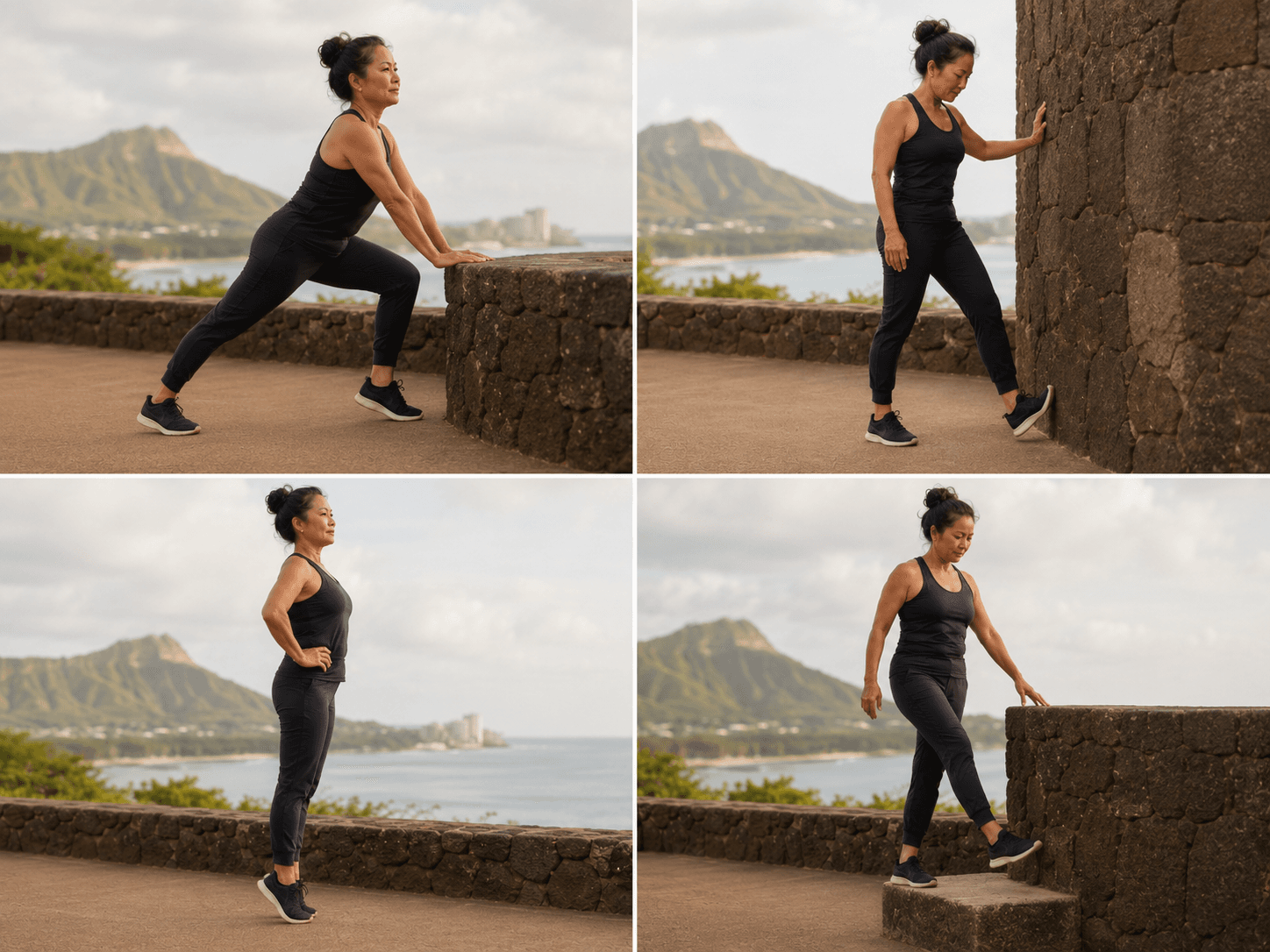 A woman moving through a calf stretch against a wall, a supported ankle stretch, a relaxed standing rest, and a controlled step down off a ledge