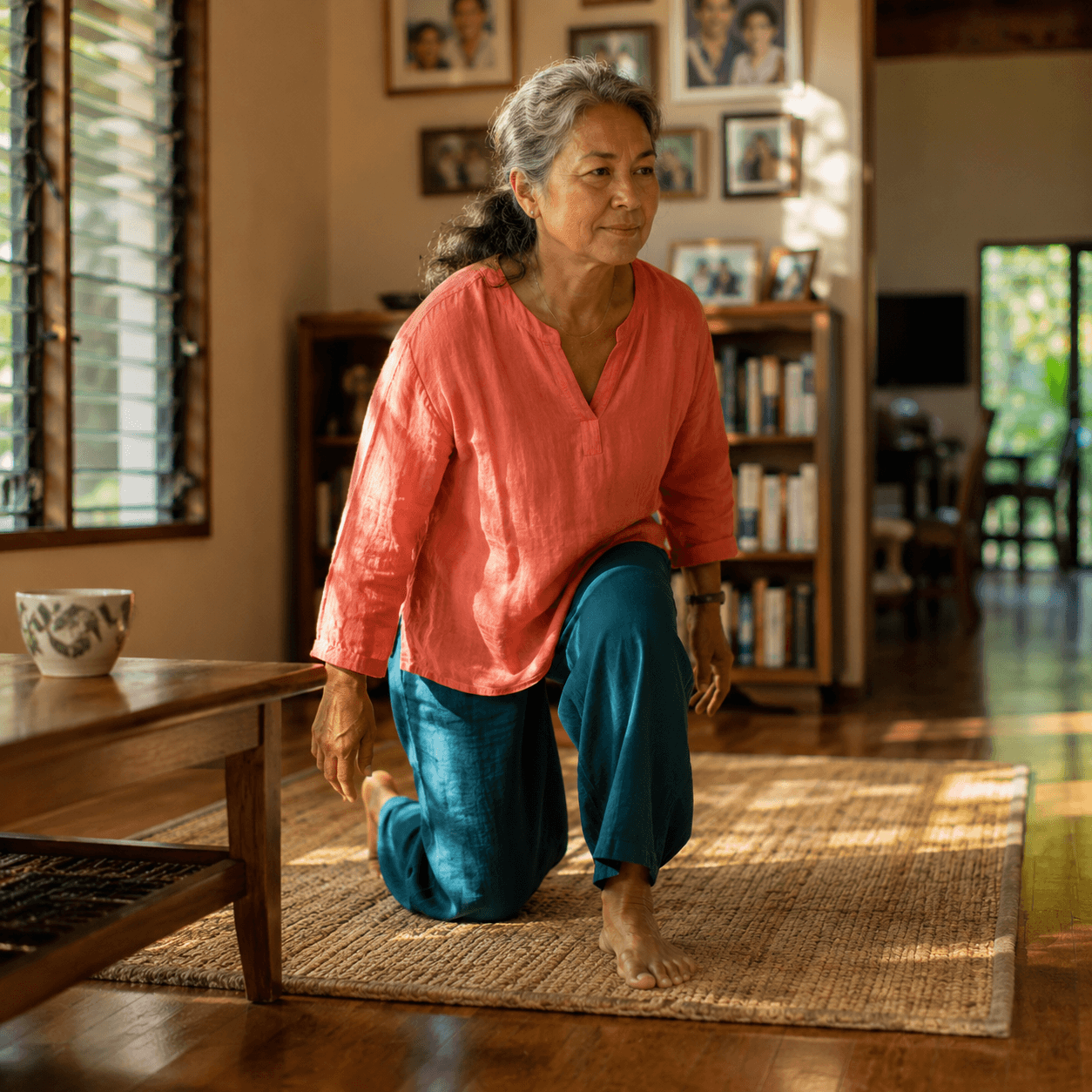 A local Japanese-Hawaiian woman in a coral linen top is mid-transition coming up off a lauhala mat, one knee down, one foot planted, hands off the floor.