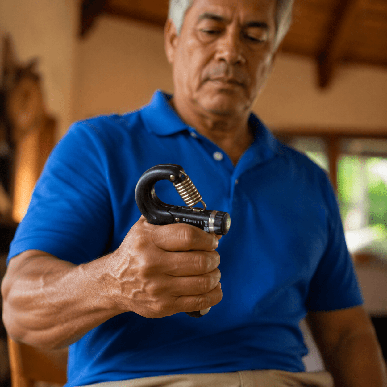 A local mixed-Hawaiian man in a cobalt blue polo squeezes a grip dynamometer, forearm tendons visible, focused expression.