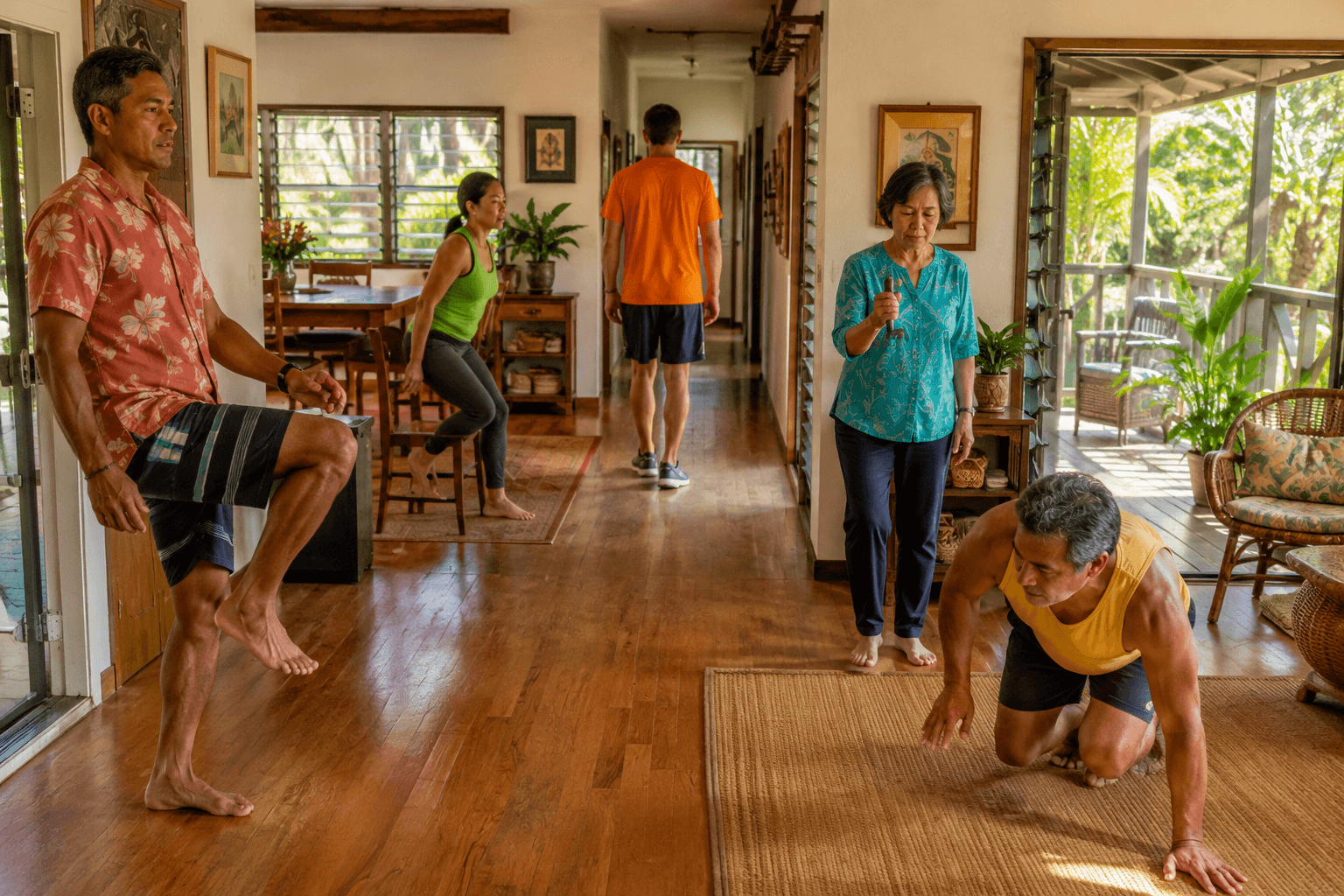 Five local Hawaii people in a bright home, each doing a different baseline test — walking, standing up from a chair, balancing on one leg, getting up from the floor, gripping a dynamometer.