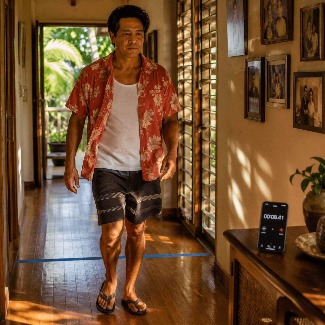 A local Hawaii man in a coral aloha shirt walks down his hallway at a relaxed pace, a strip of tape on the floor behind him and a phone stopwatch on the side table.