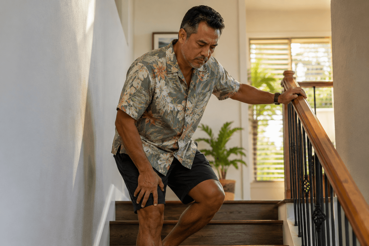 A man cautiously descending a staircase at home, one hand on the railing and the other resting on his knee