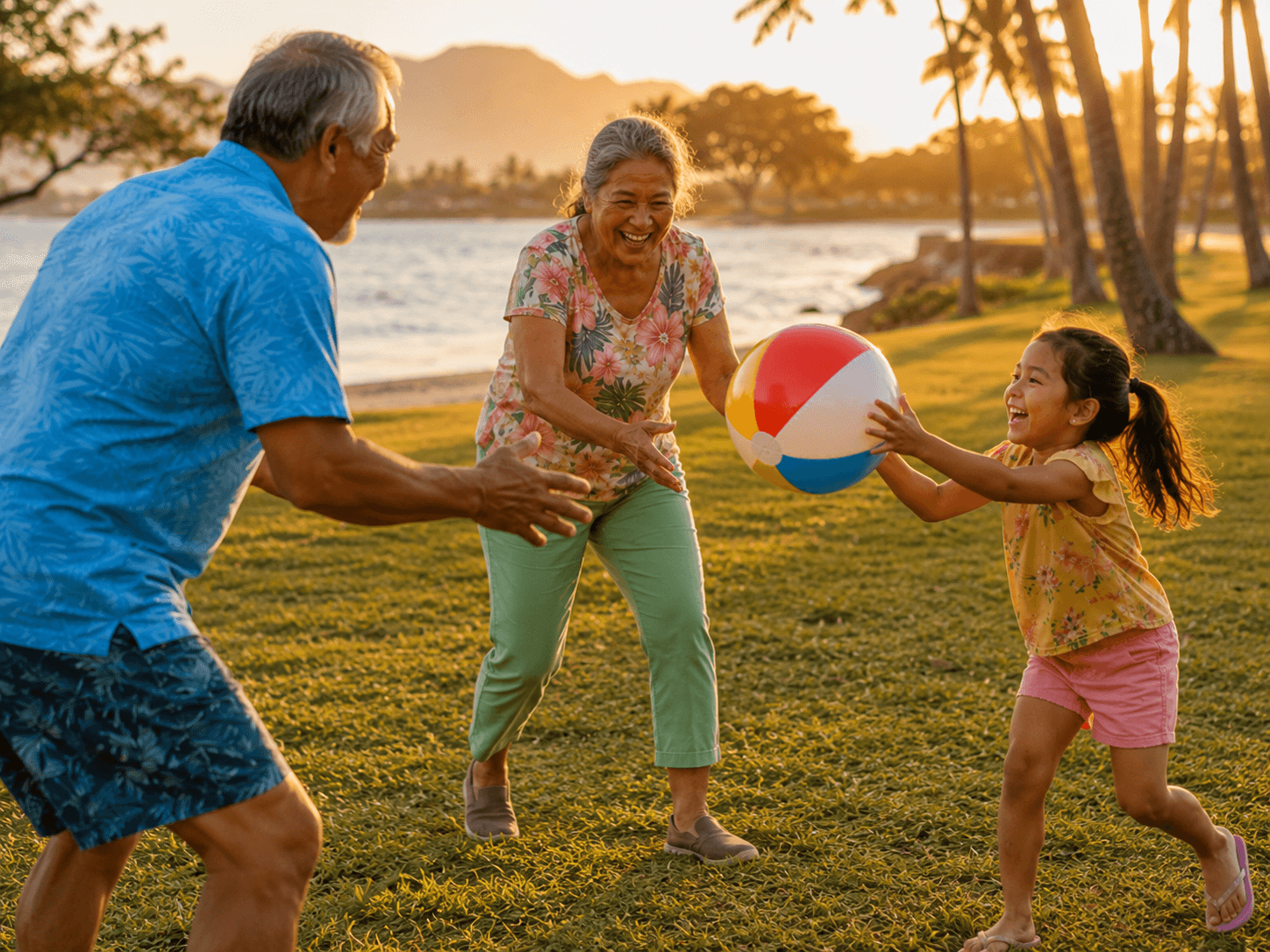 Grandparents playing beach ball with their granddaughter in a park at golden hour