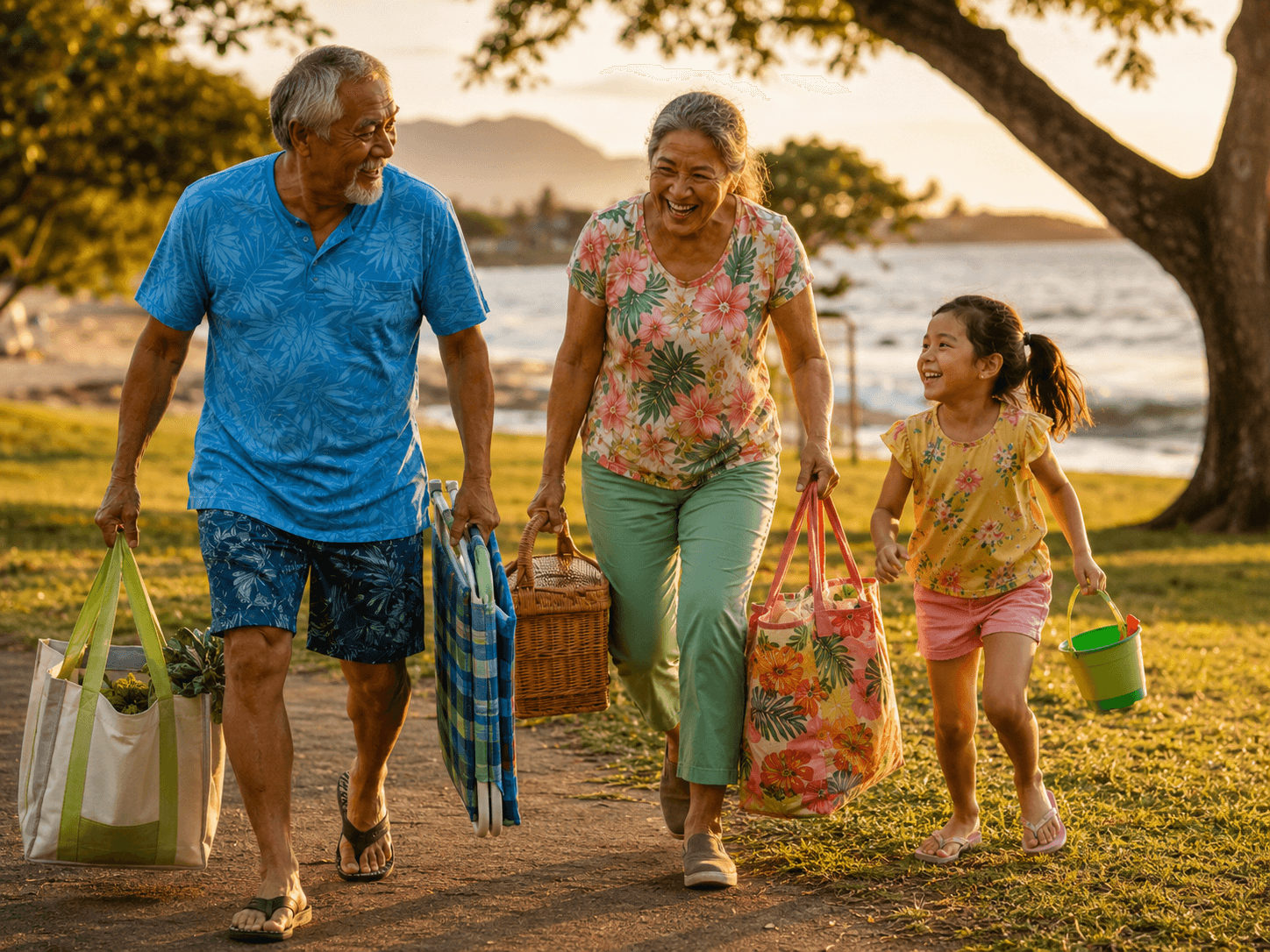 Grandparents and their granddaughter walking together carrying grocery bags, a picnic basket, and beach gear