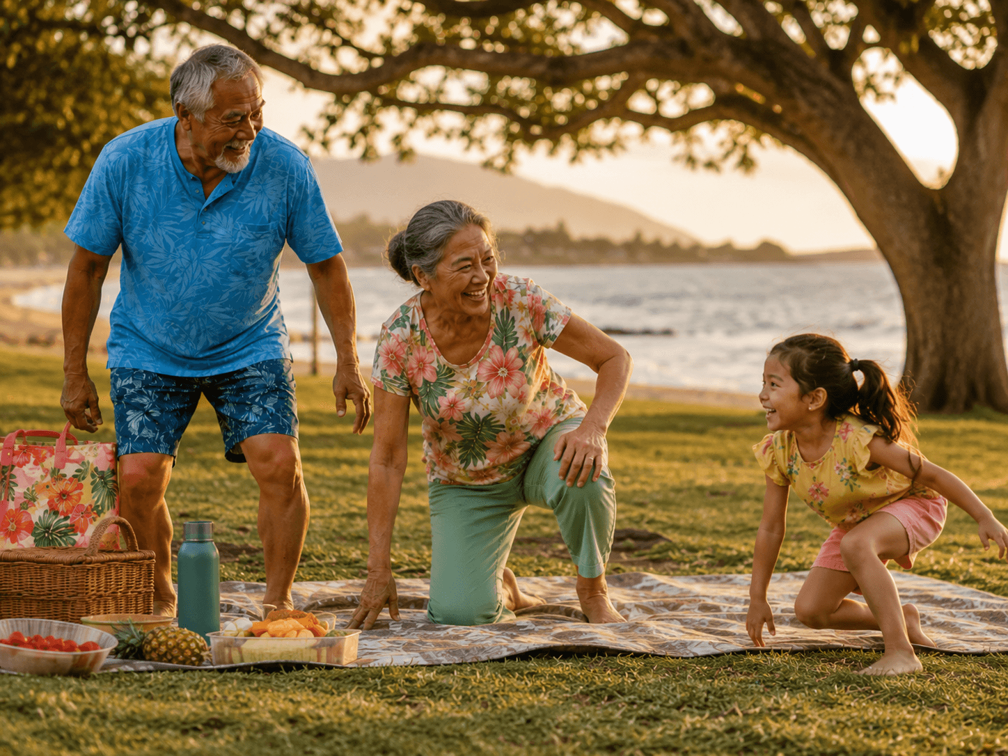 Grandparents rising from a picnic blanket on the grass while their granddaughter crouches nearby, all smiling