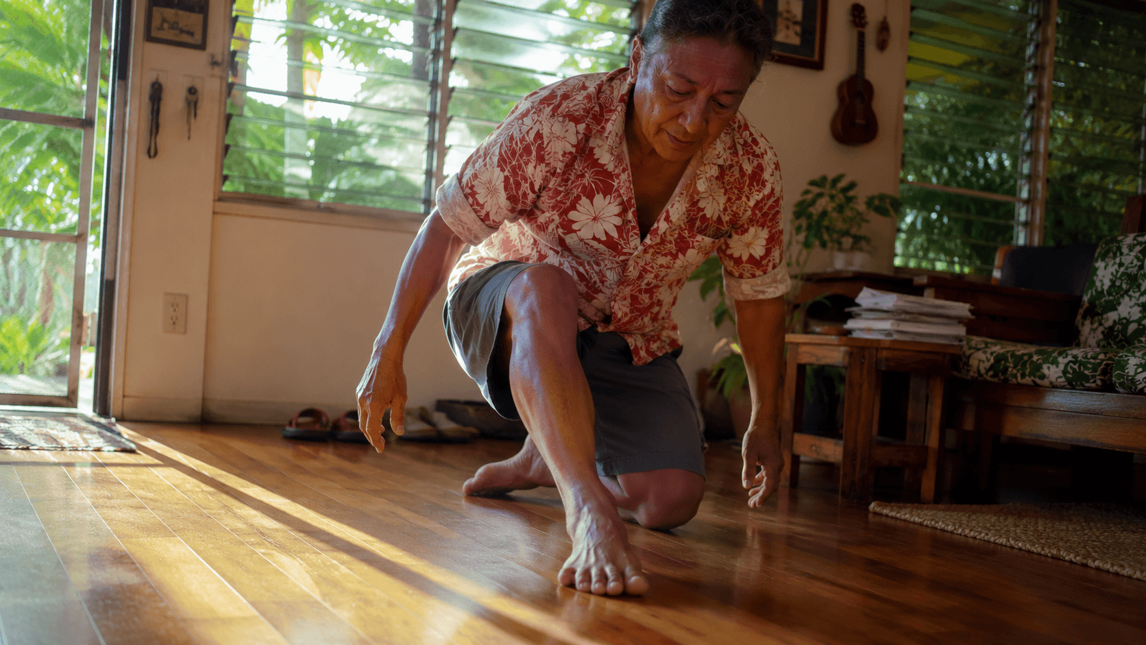 A person rising from a cross-legged position on the floor without using their hands for support