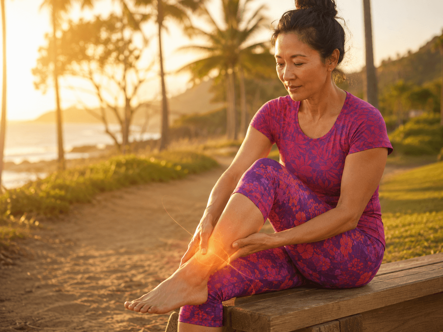 A woman seated on a bench along a beachside path, touching her ankle with a warm glowing highlight marking the joint