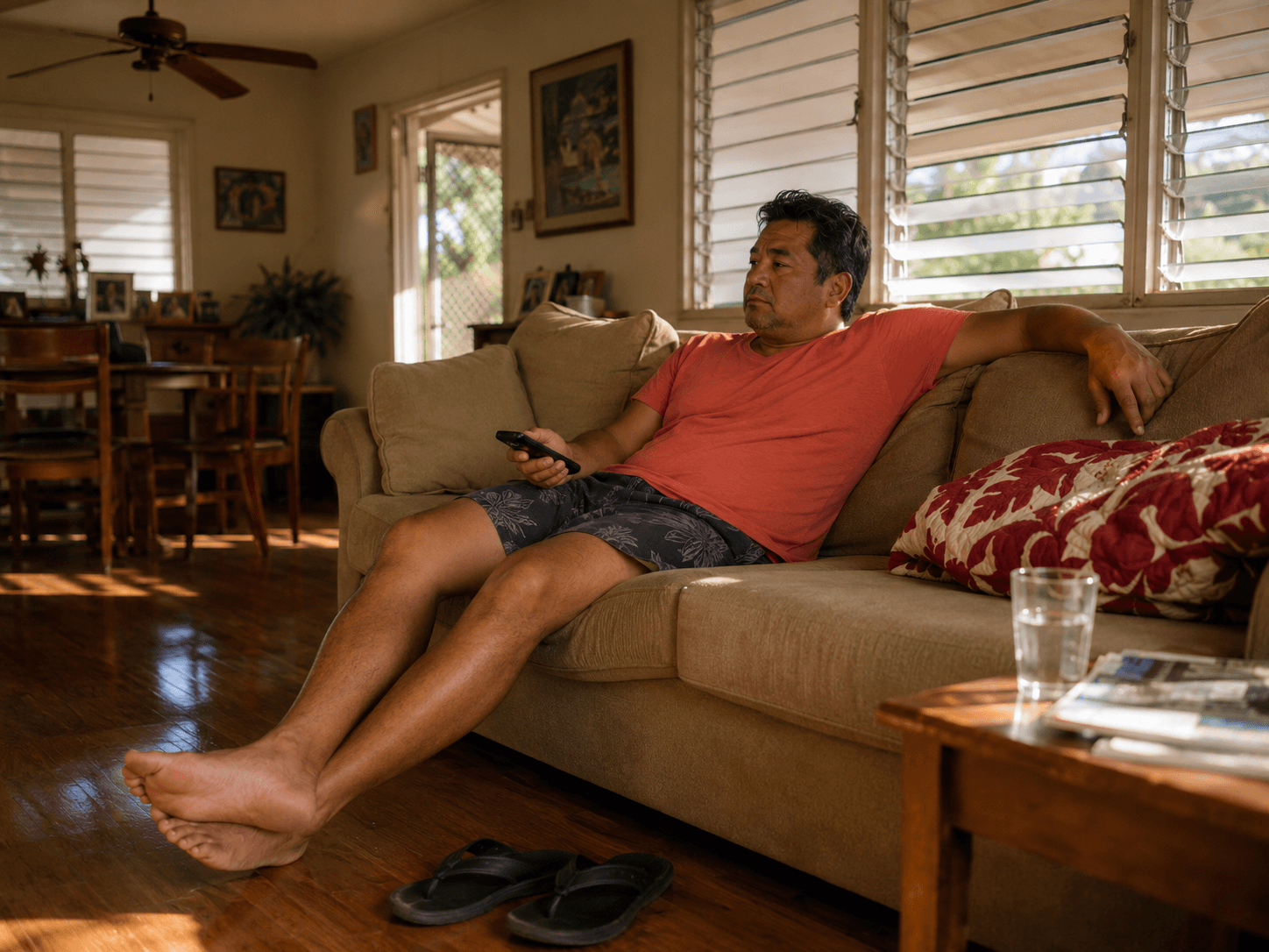 The same man sunk into his couch in the afternoon with the remote, slippers kicked off.