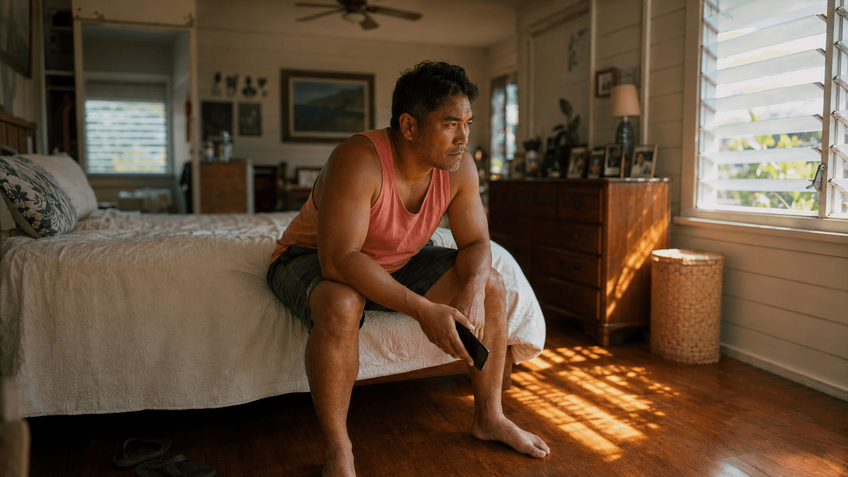 The same man braces both hands on his kitchen counter, easing his lower back before starting the day.