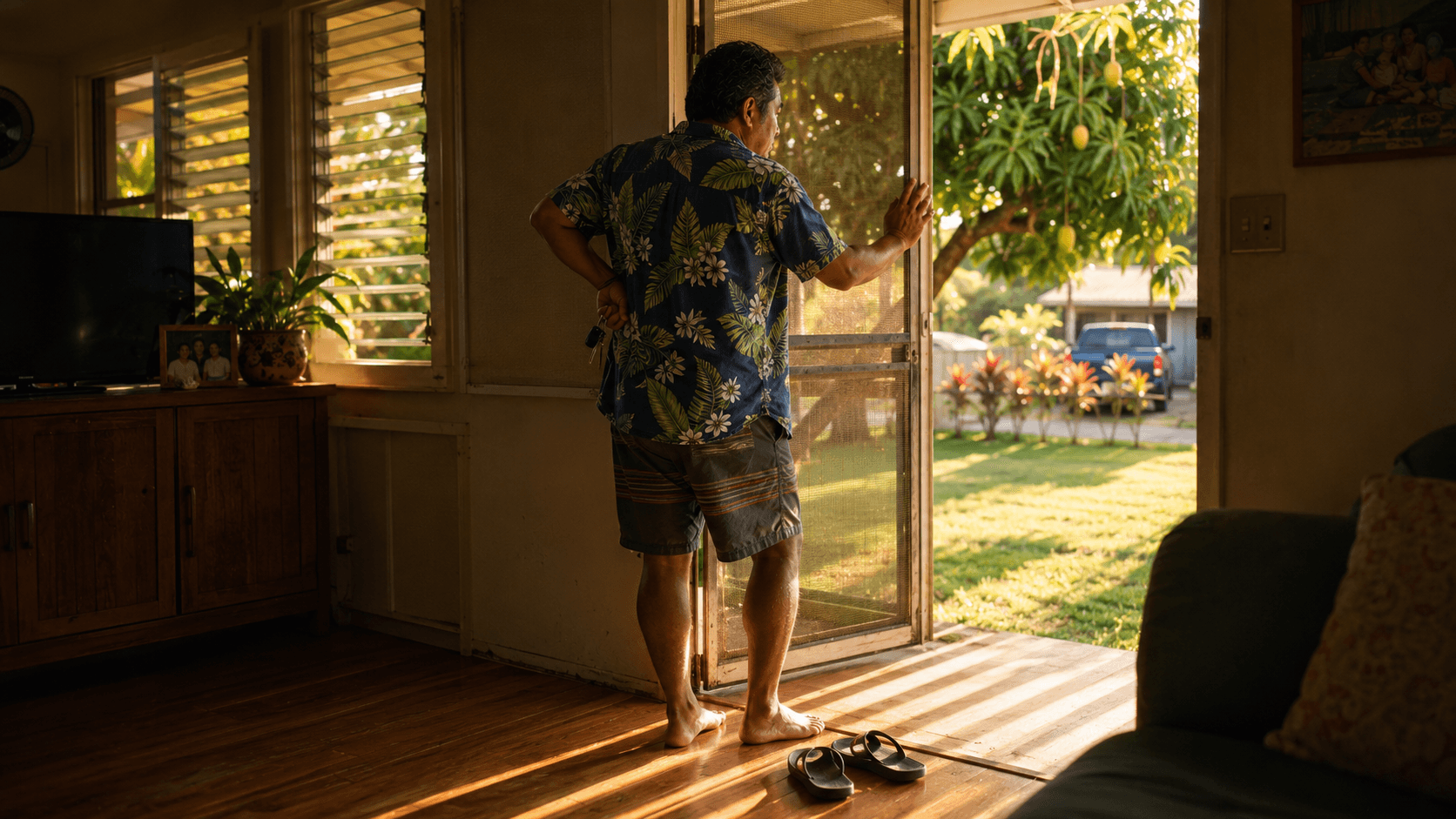 The same man stands at his screen door with keys in hand, one hand on his lower back, deciding whether to go out.