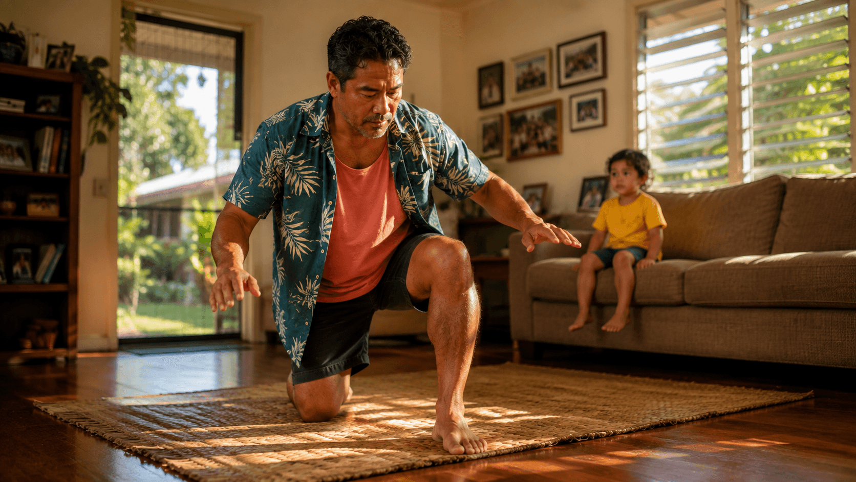 The same man coming up off a lauhala mat to standing while a young grandchild watches from the couch.