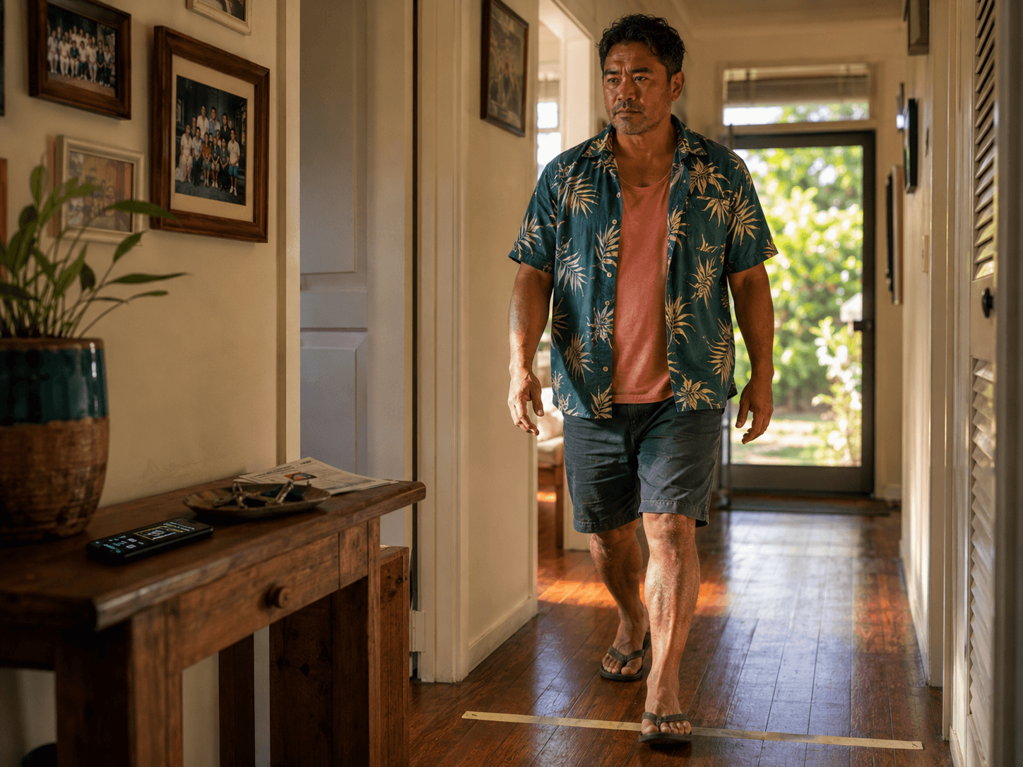 The same man walks a taped four-meter line down his hallway at his normal pace.