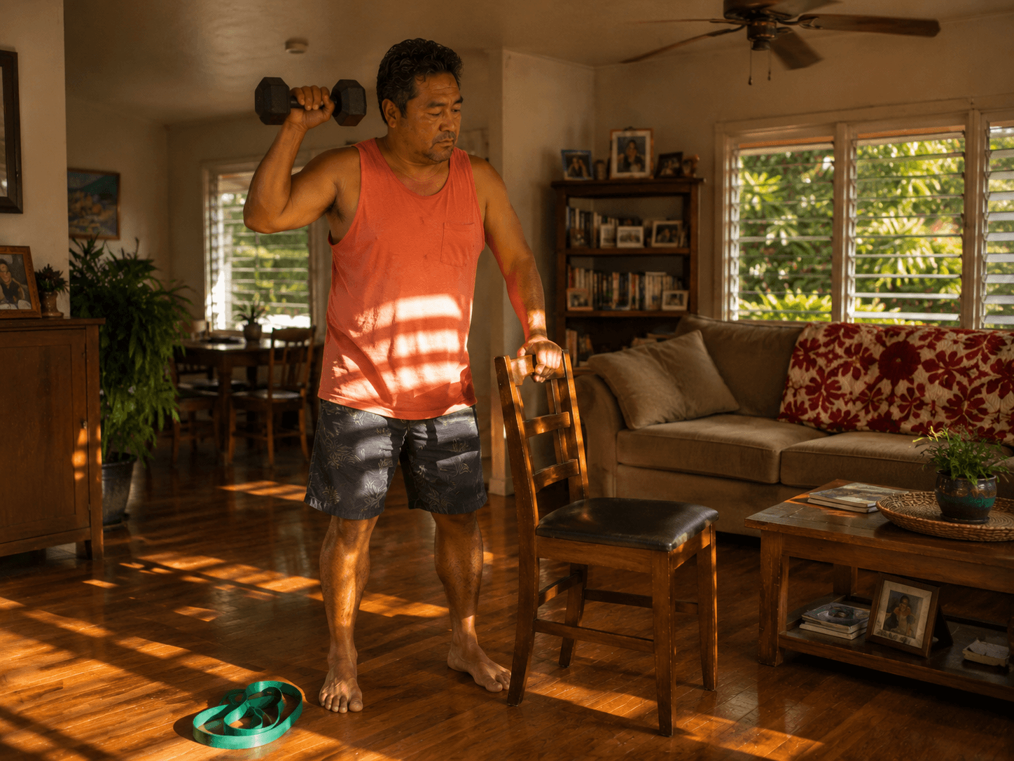 A local Hawaii man in his late forties sits on the edge of his bed in morning light, phone in hand, not yet standing.