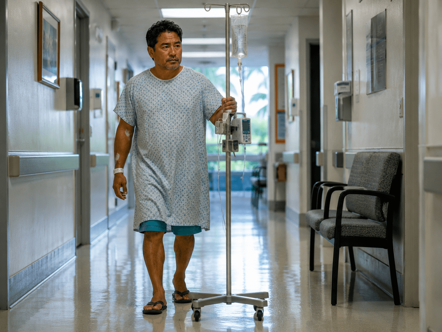 The same man walking a hospital corridor in a gown, pushing an IV pole, getting his laps in.