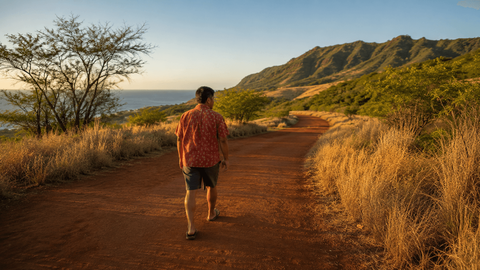 The same man walks a red dirt trail in golden early light, green ridge and blue ocean behind him.
