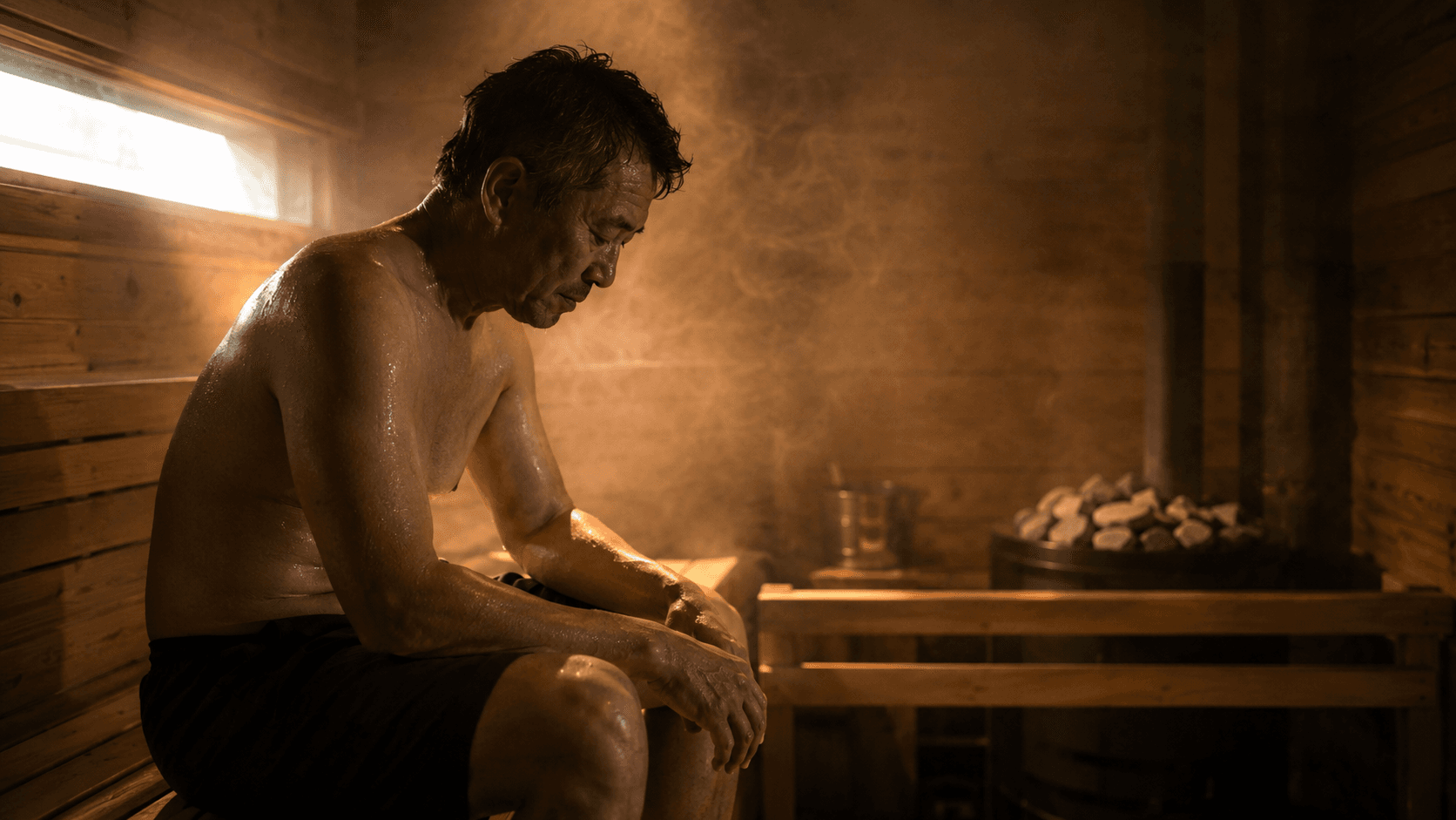 A man sitting in a dimly lit traditional sauna, sweating, with a lit stove and hot rocks glowing beside him