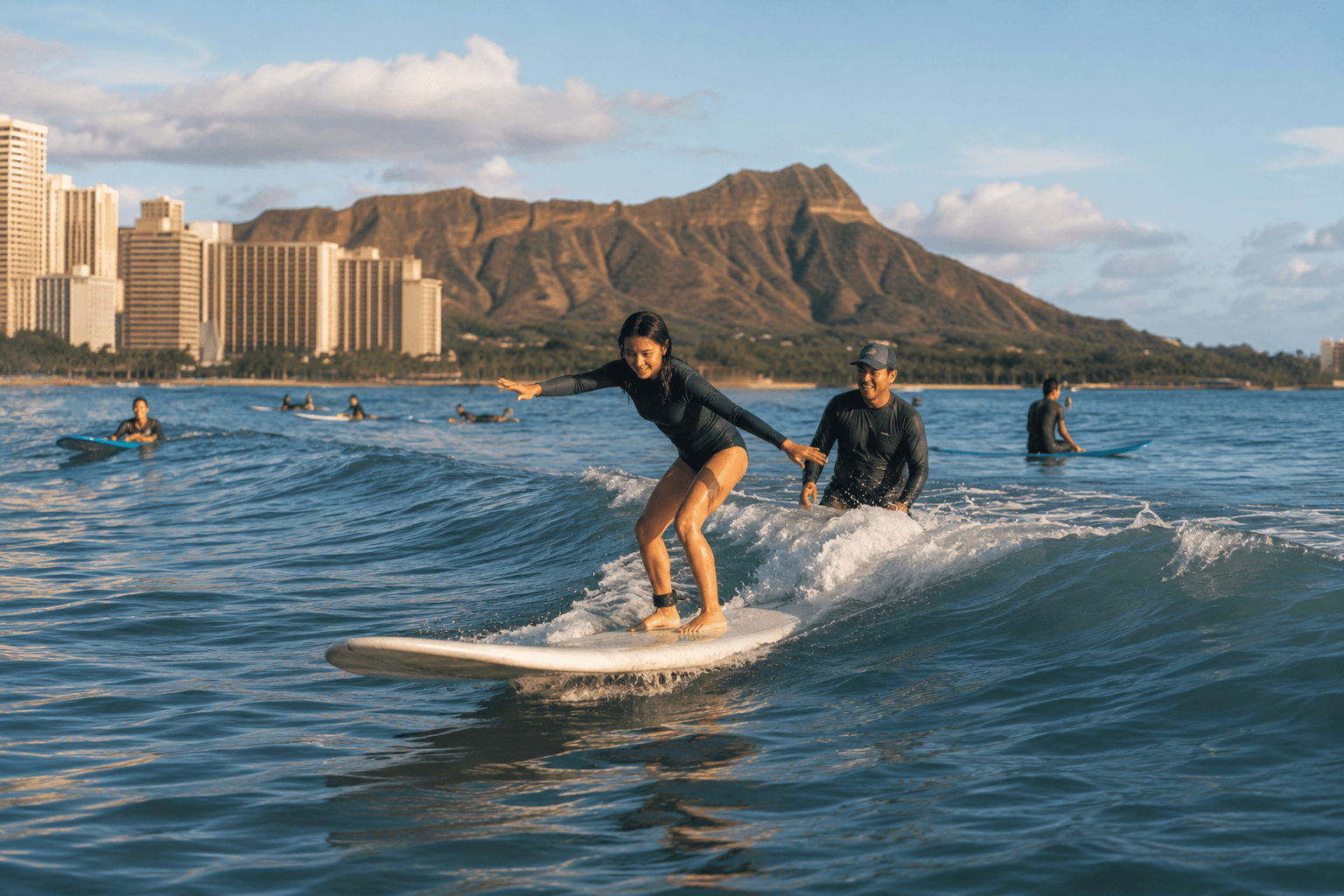 A woman balancing on a surfboard while learning to surf at Waikiki