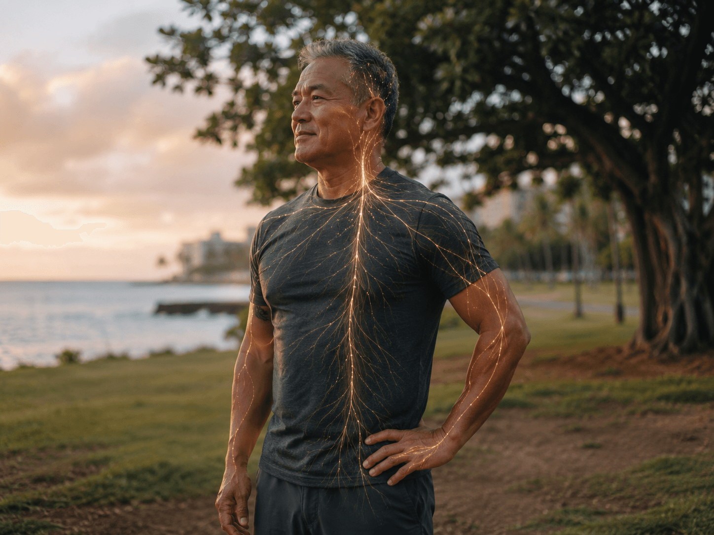 An older Hawaii man standing outdoors near the shore, with glowing gold nervous-system-like lines tracing through his body