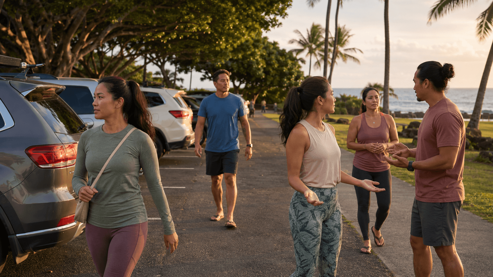 A group walking together through a parking lot toward the beach, taking in who and what is around them