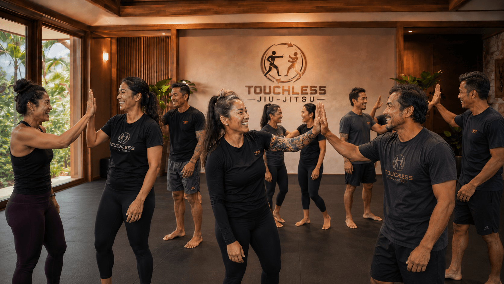 A Touchless Jiu-Jitsu class high-fiving each other, laughing, in front of the Touchless Jiu-Jitsu wall mark