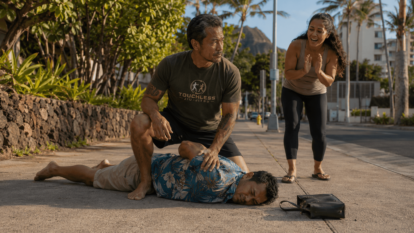 A man controlling a downed attacker on a sidewalk after protecting someone from a bag-snatching attempt