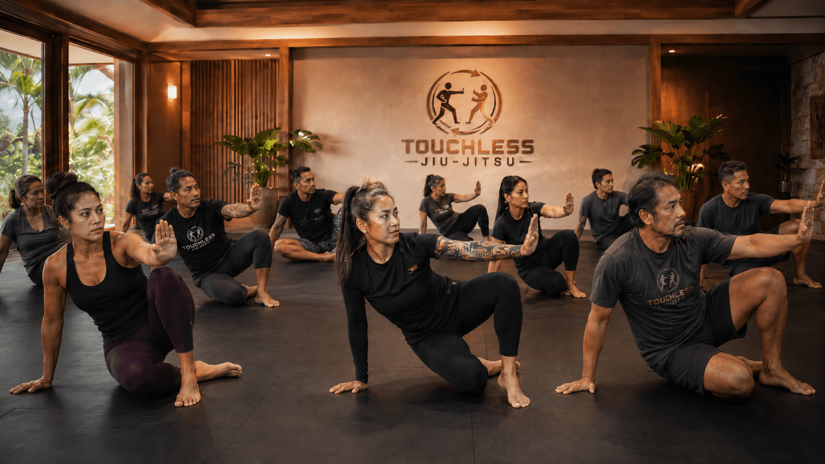 A Touchless Jiu-Jitsu class working through seated floor positions together, the Touchless Jiu-Jitsu wall mark behind them