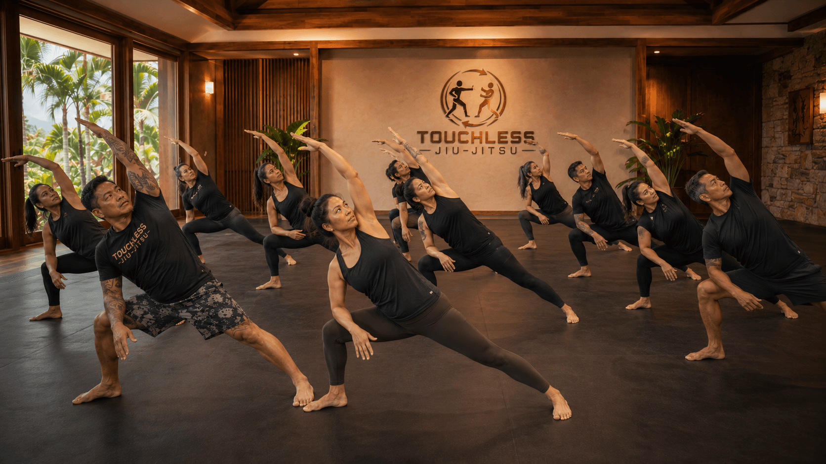 A Touchless Jiu-Jitsu class moving through a wide side-lunge stretch together, reaching overhead