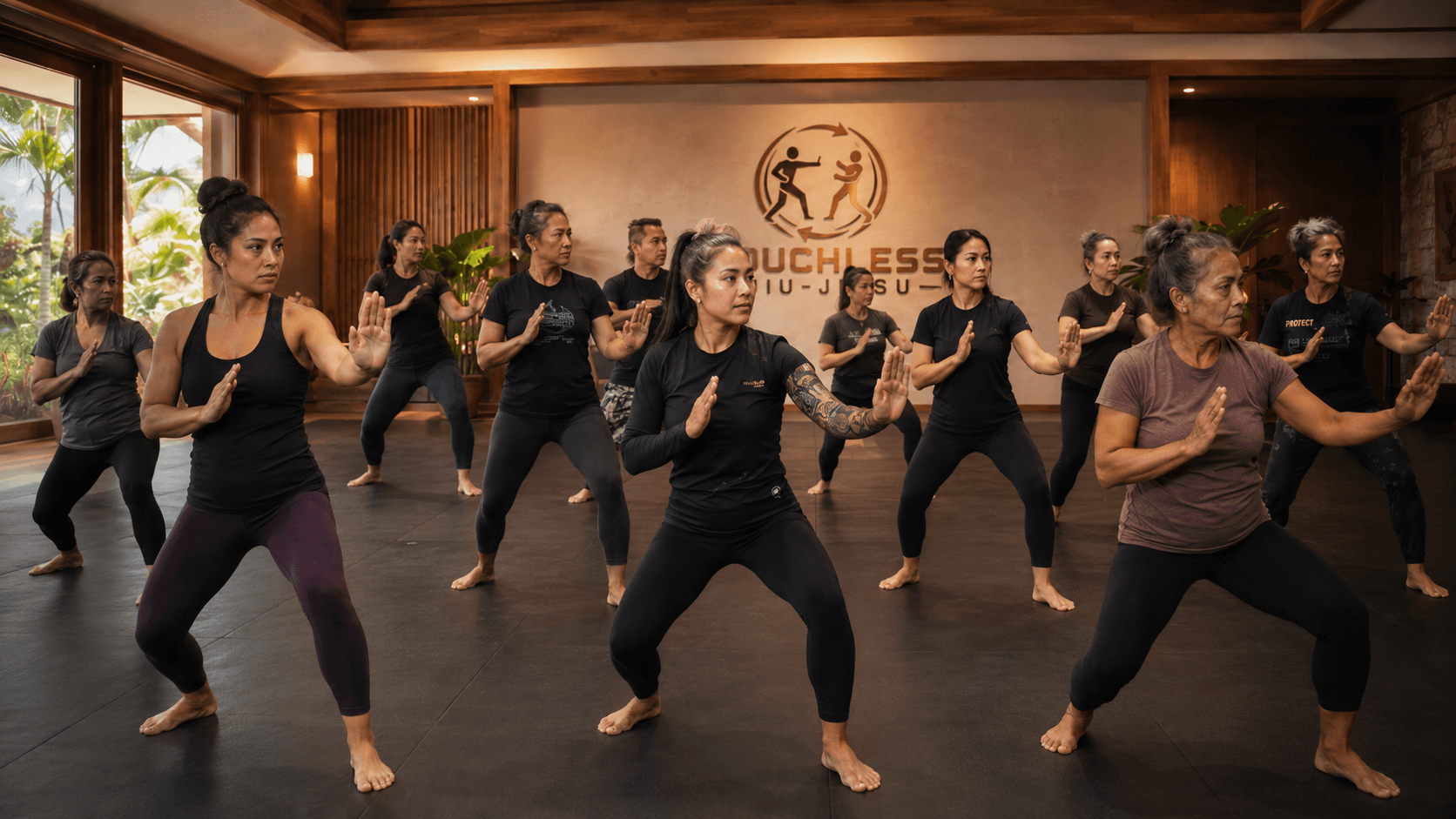 A Touchless Jiu-Jitsu class holding a wide, grounded base stance together, the Touchless Jiu-Jitsu wall mark behind them