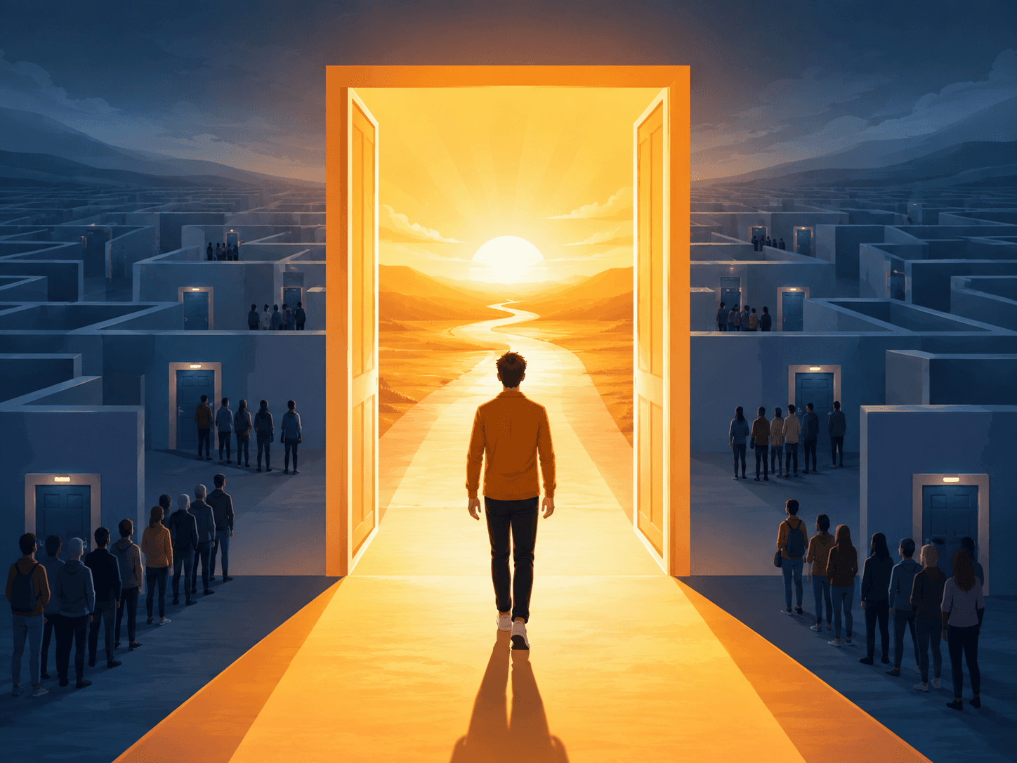 A man walking alone through an open door toward a sunlit path, while crowds wait at closed doors in a maze on either side