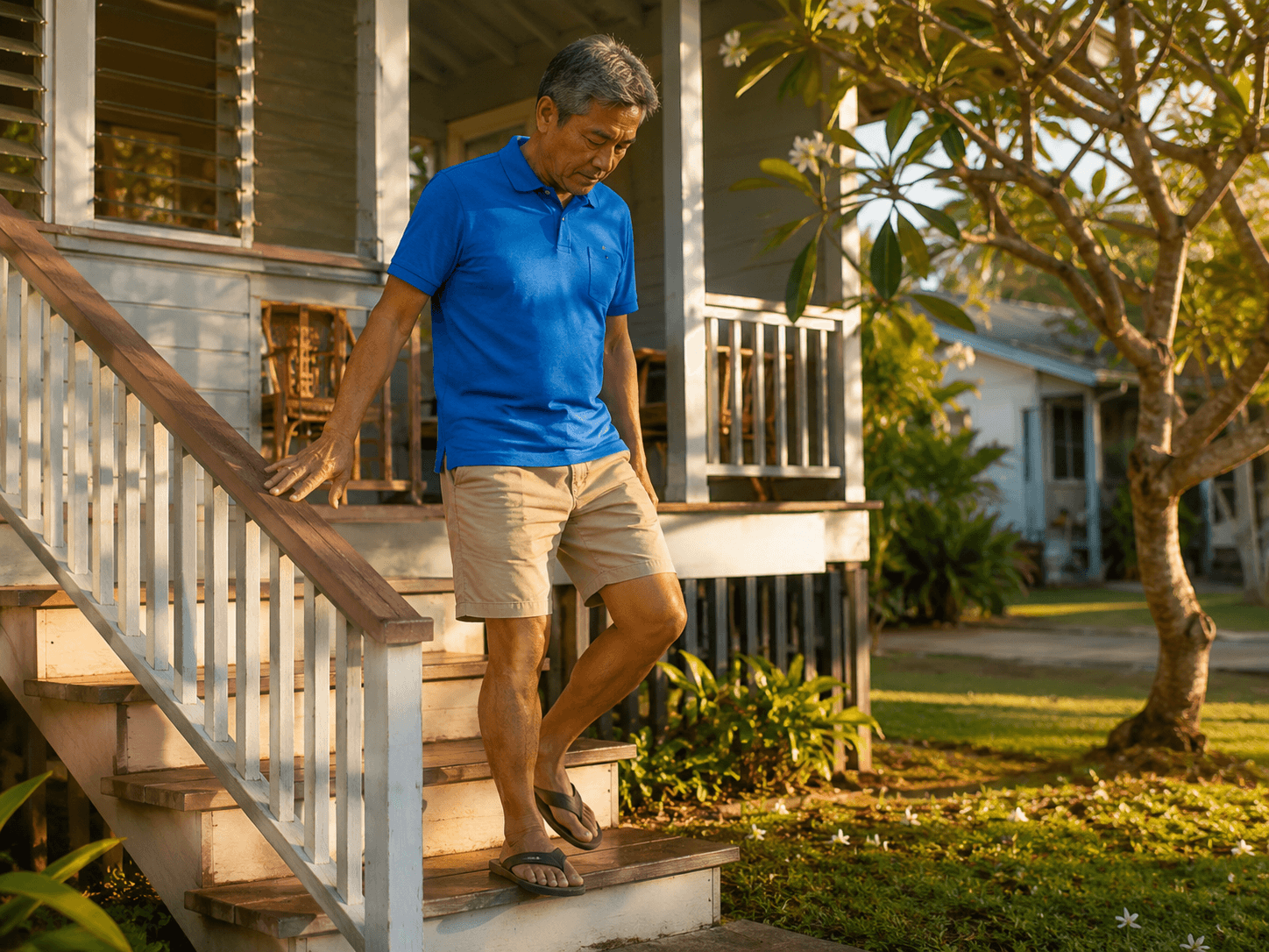 A man in his 60s walks down the front steps of a local home, one hand on the railing, looking down at his feet.
