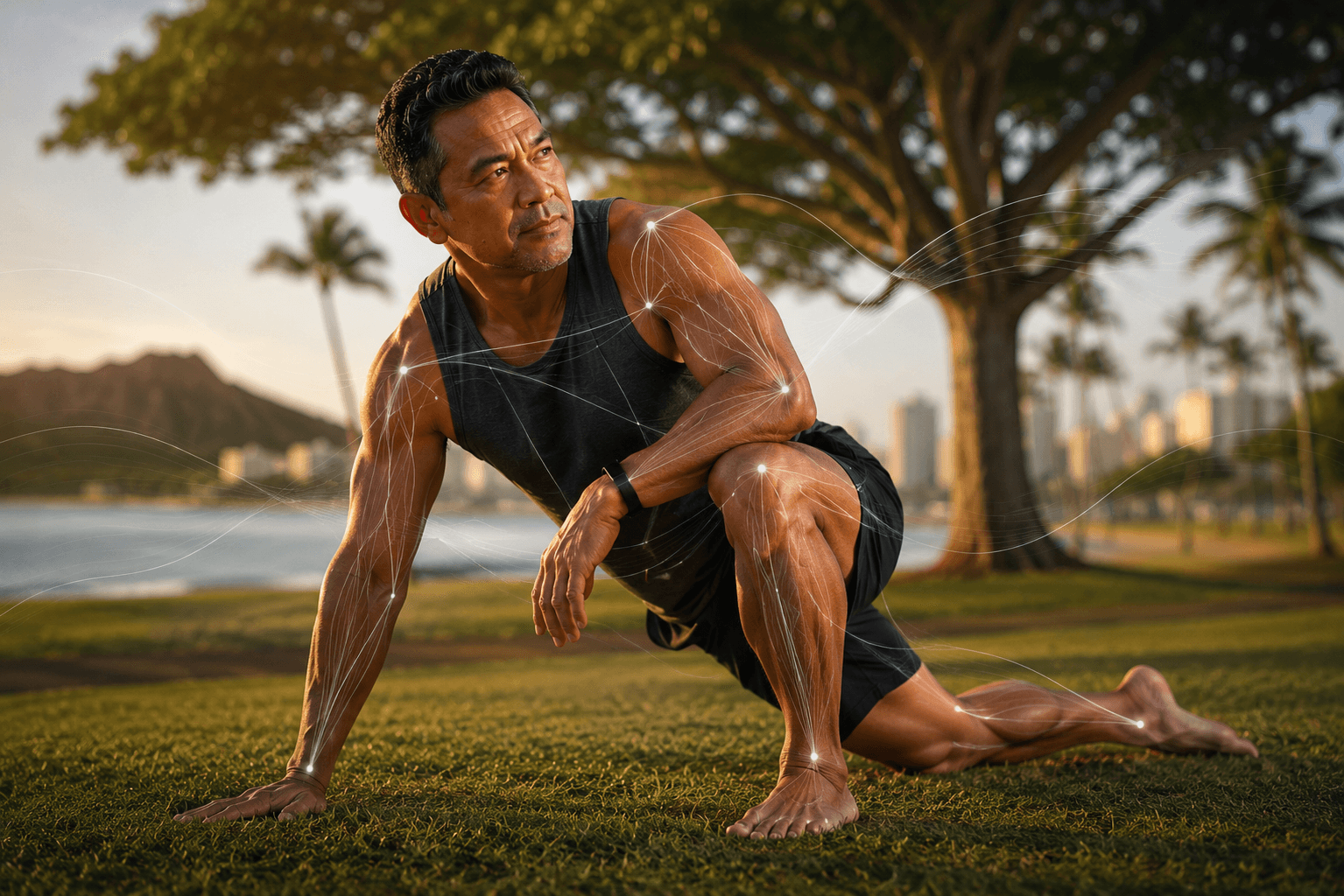 A man in a lunging stretch outdoors with glowing connective lines tracing sensory pathways through his arms and legs