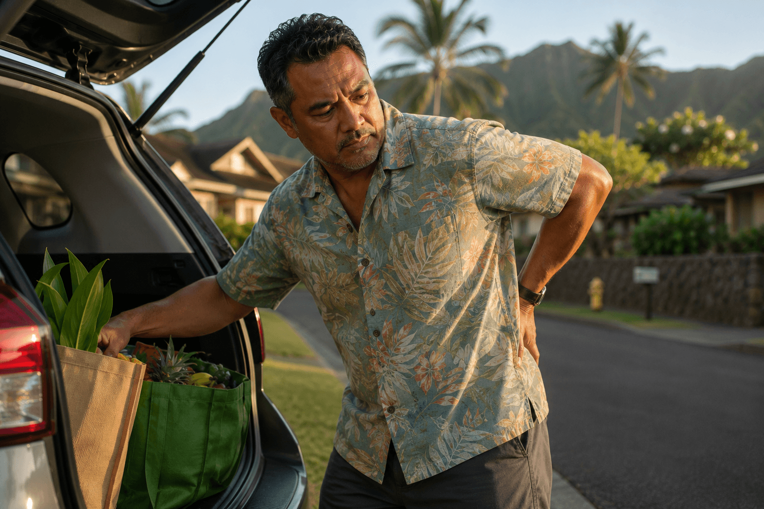 A man reaching into a car trunk with his hand on his lower back, a faint motion-echo showing the same guarded movement repeating