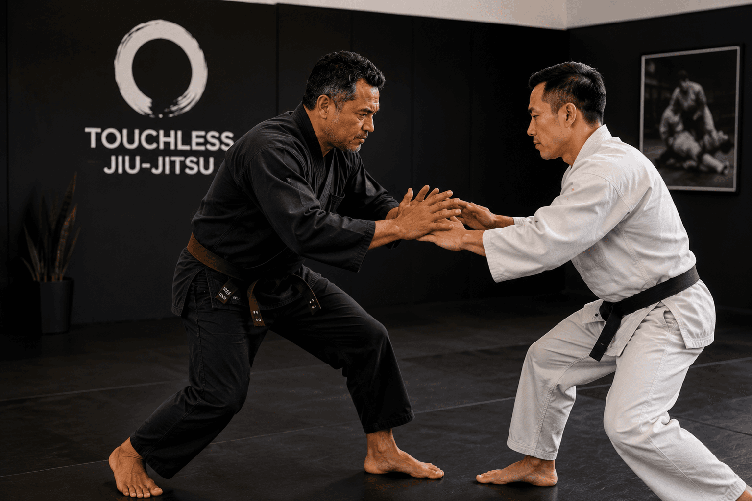 Two practitioners in a Touchless Jiu-Jitsu studio performing a connected, controlled partner drill