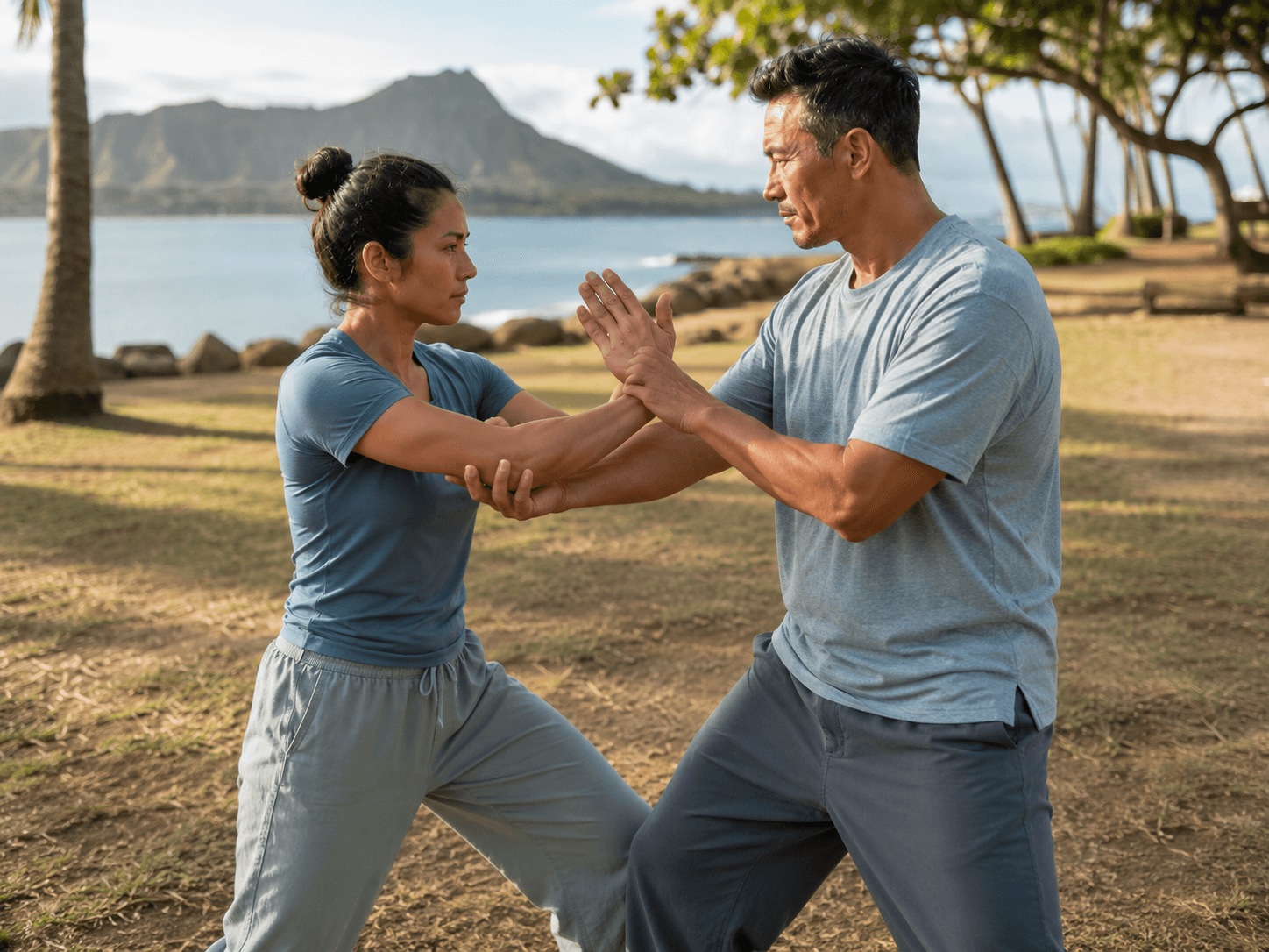 A man and woman practicing chi sao, or sticking-hands, standing forearm to forearm in continuous light contact