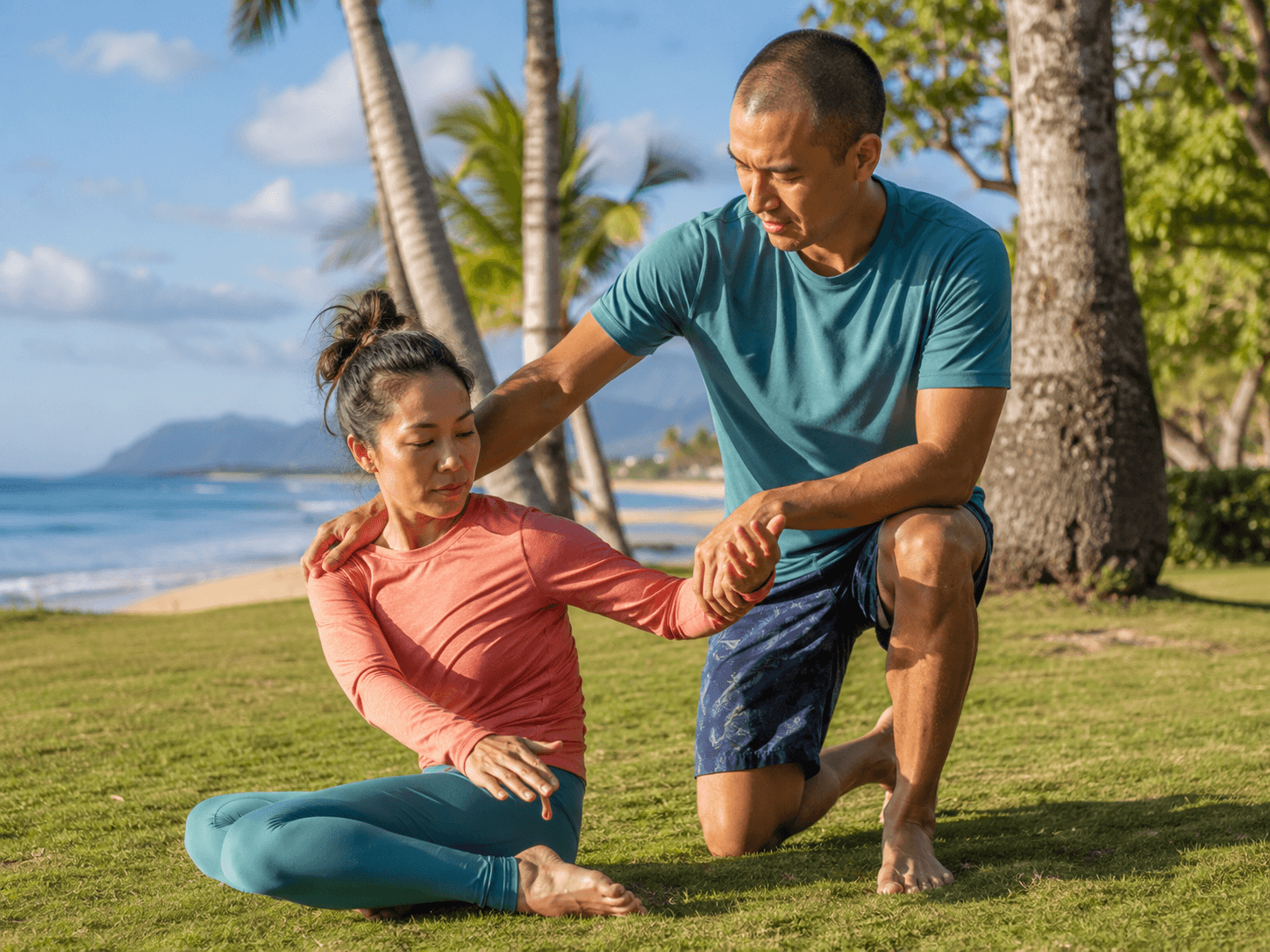 A woman seated on the ground guiding a kneeling partner through a controlled contact drill