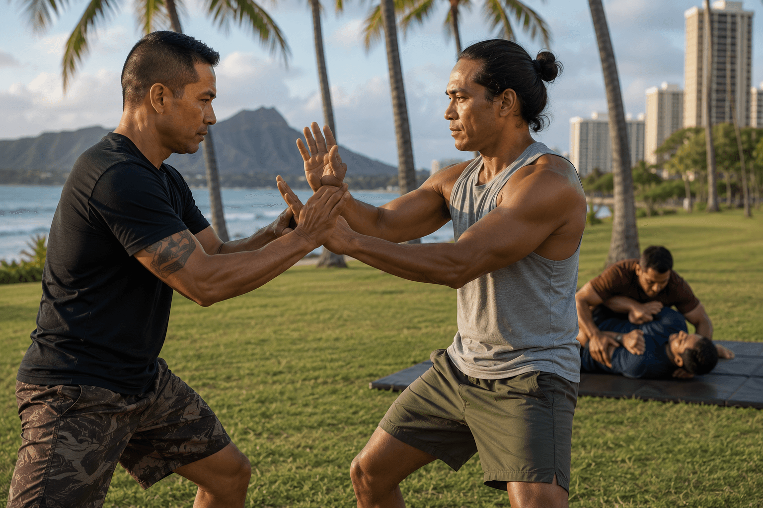 Two men practicing chi sao in the foreground while two others work through a ground position behind them, standing and ground work happening in the same session