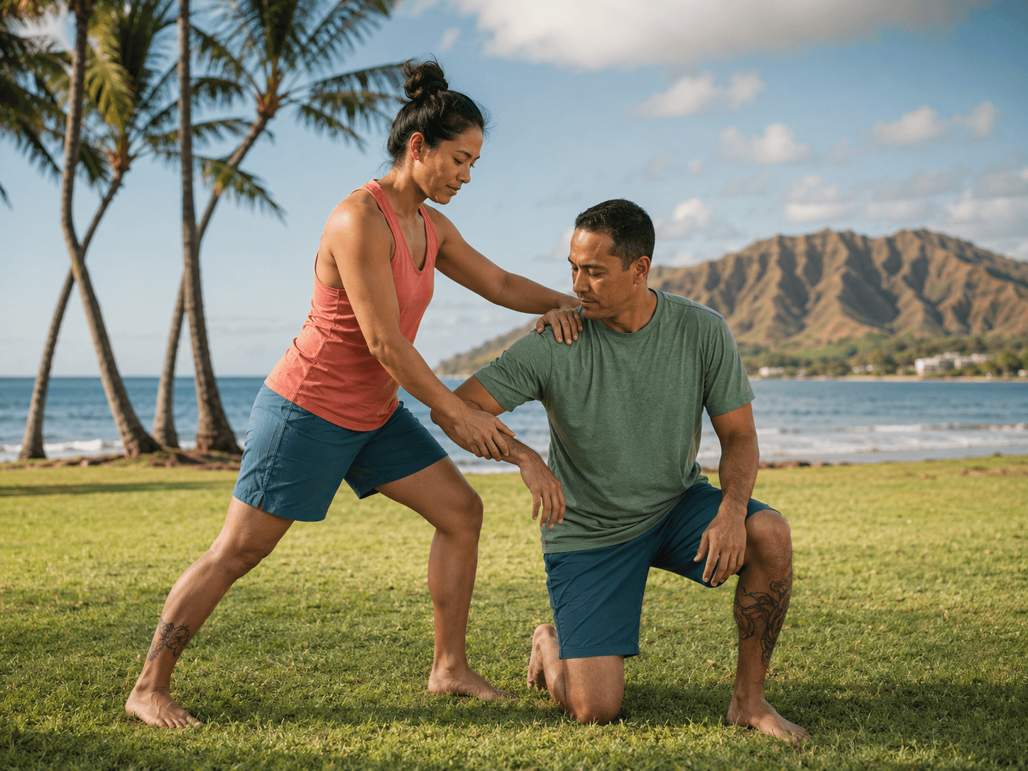 A woman guiding a kneeling partner through a shoulder-assisted movement transition outdoors