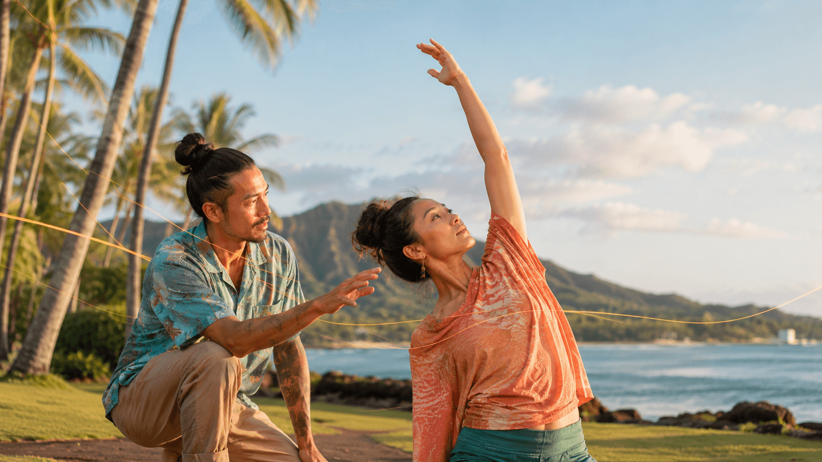 A man and woman practicing a cooperative outdoor movement drill in Hawaii, with glowing threads tracing the connection between their movements