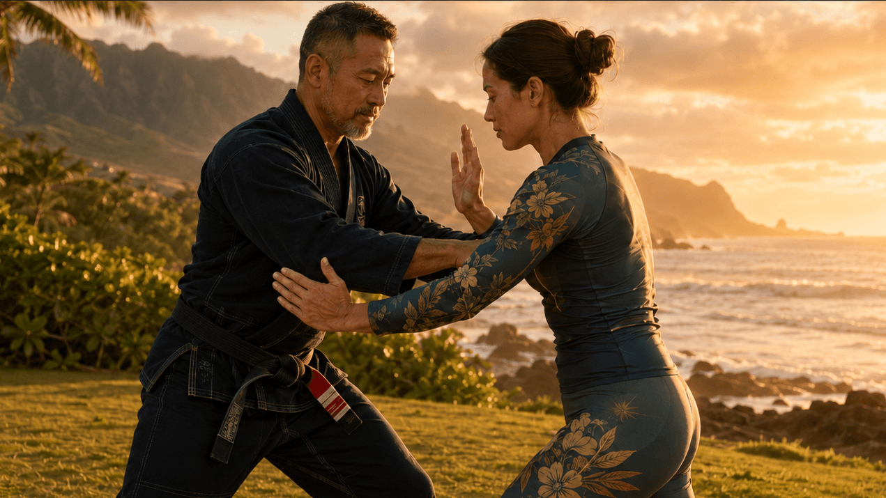 An older martial artist and a woman practicing cooperative pushing hands on a Hawaii coastline at sunset