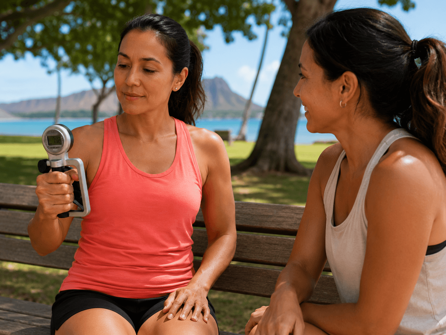 Two women sitting on a park bench, one holding a handheld dynamometer and showing the reading to her friend