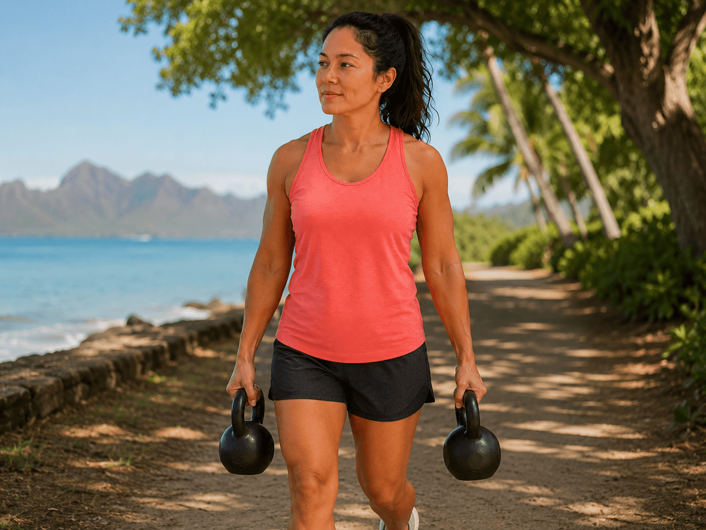 A woman walking confidently outdoors along an oceanside path while carrying two kettlebells