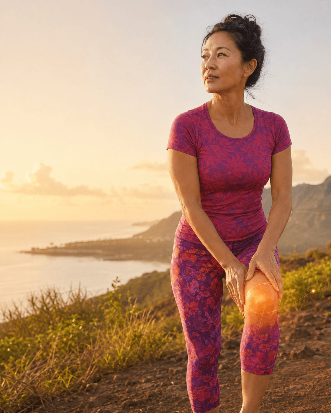 A woman pausing on a hillside overlook at sunset with her hand on her knee, a warm glowing highlight marking the joint