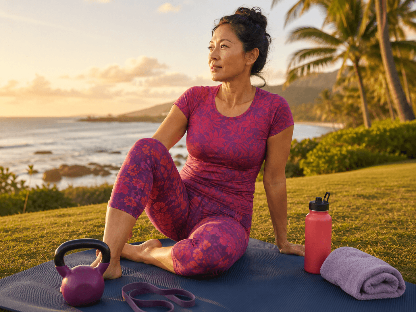 A woman sitting on a yoga mat outdoors at sunset with a kettlebell, resistance band, water bottle, and towel beside her