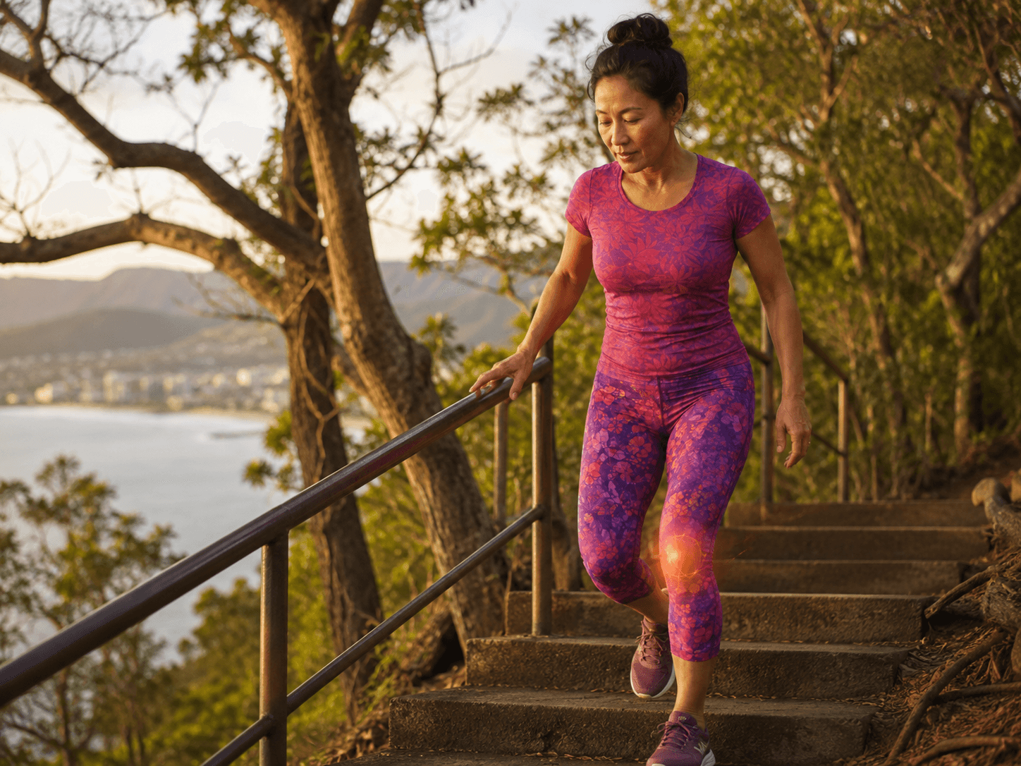 A woman walking down an outdoor staircase on a hillside trail, holding the railing, with a warm glowing highlight on her knee