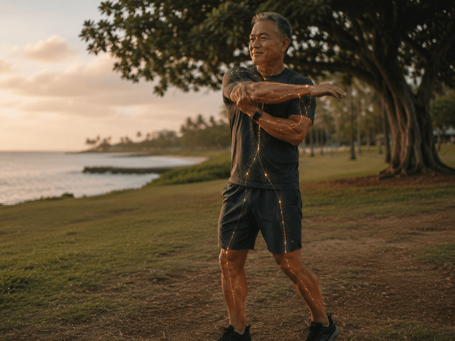 A man stretching outdoors with glowing nervous-system-like lines tracing along his arms, torso, and legs