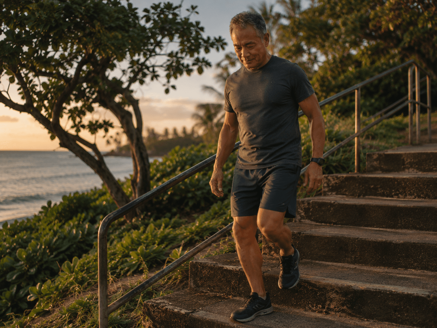A man walking carefully down outdoor stone stairs near the ocean at sunset