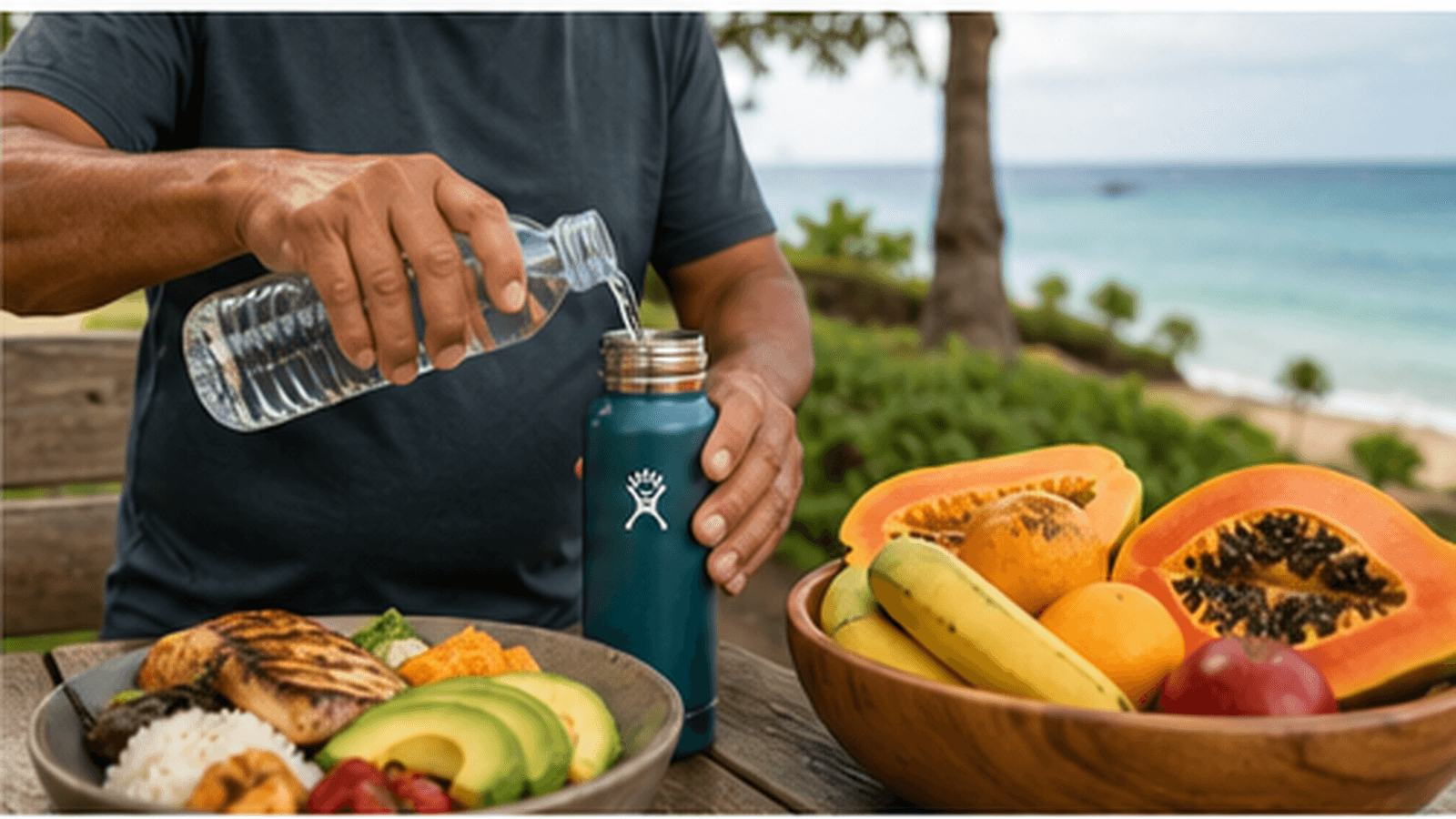 A man pouring water into a bottle beside bowls of grilled fish, rice, avocado, and fresh tropical fruit