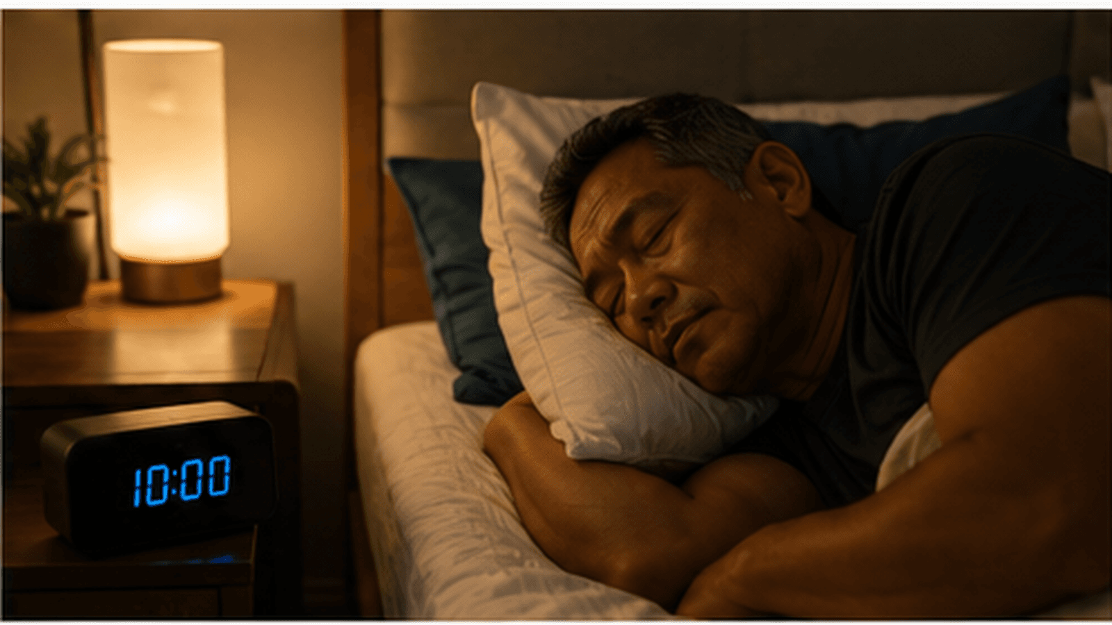 A man sleeping peacefully in a dimly lit bedroom, a warm bedside lamp glowing beside him